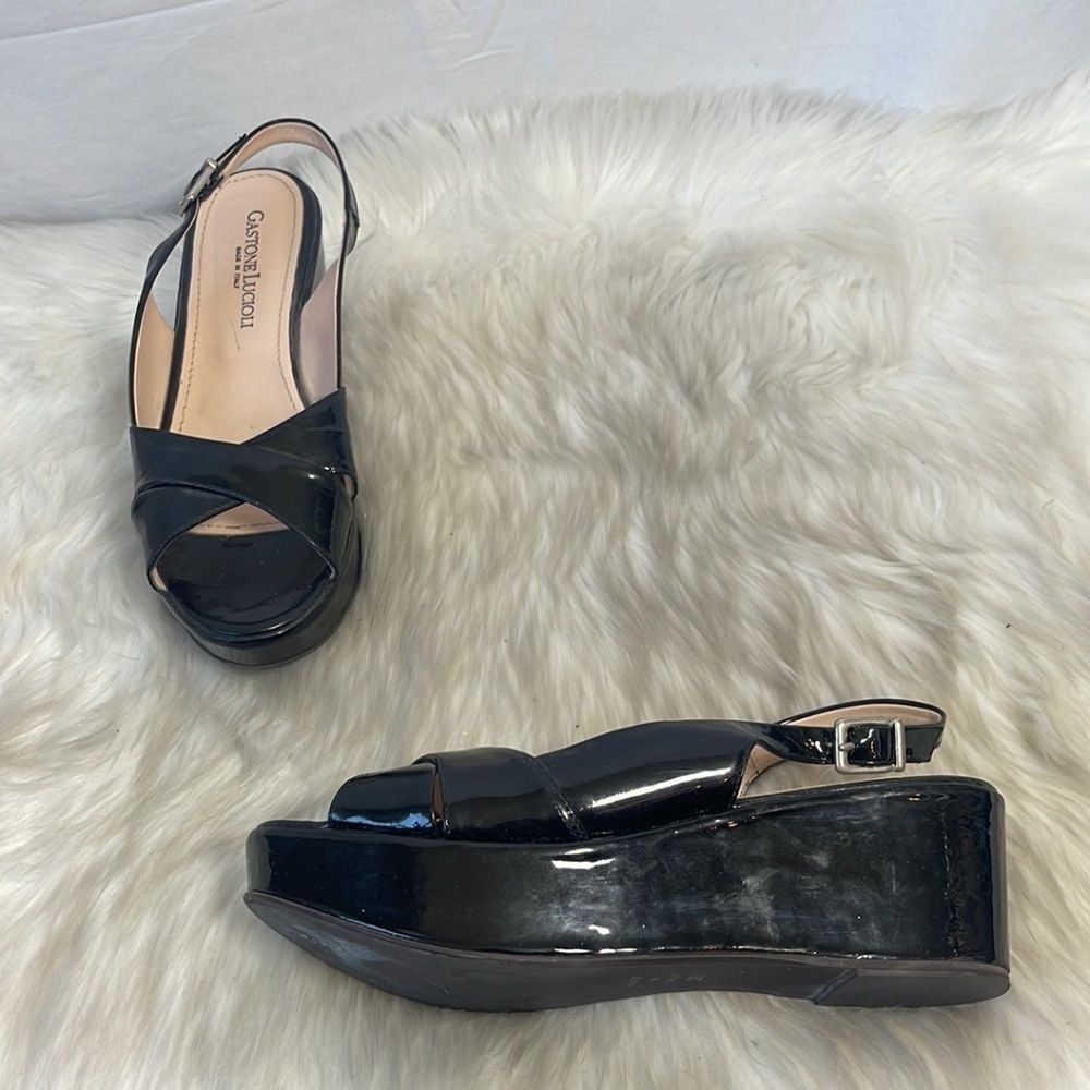 Gastone Lucioli Black Patent Wedge Slingback Sandals Sz 39/ US 8.5‎